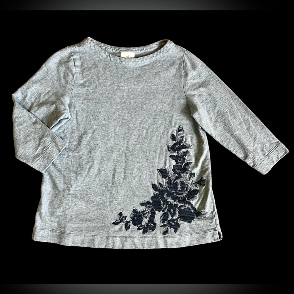 J. Jill 3/4 Sleeve Shirt Floral Embroidery Grey/Black